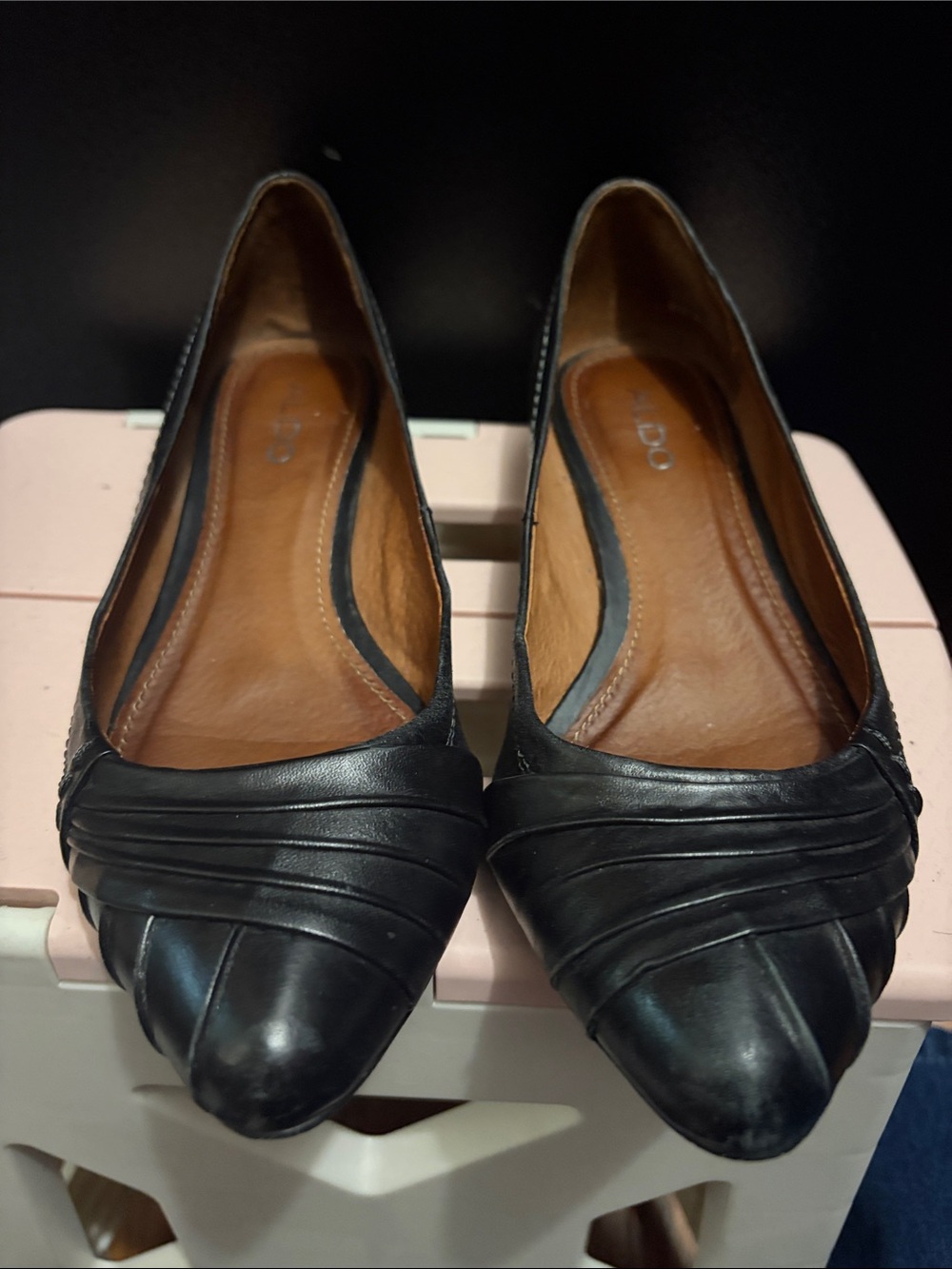 Aldo Black Leather Pointed-Toe Pleated Ballet Flats